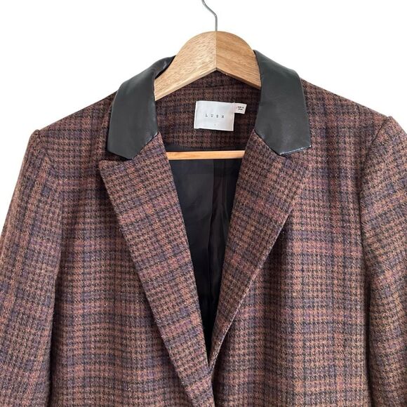 Lush Brown Tweed Wool Blend Faux Leather Collar One Button Preppy Blazer - Picture 2 of 7